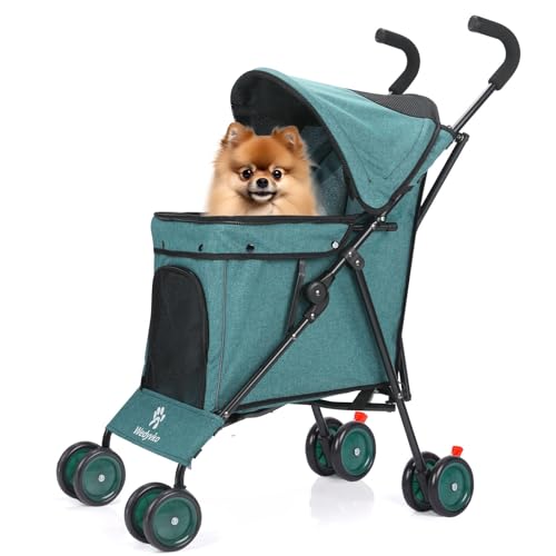 Umbrella Dog Stroller, 4 Wheels Pet Strolling, Foldable Carrier Pet Stroller for Small Dogs Cats, with Carrying Strap and Cup Holder, Dog Poop Bags & Dispenser, Up to 33 lbs, Dark Green