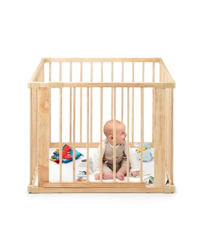 dibea Laufgitter für Baby & Kleinkind, nachhaltiger Laufstall aus hellem Fichtenholz mit Tür, 4 Elemente je 90x68 cm, solides Absperrgitter schützt beim Krabbeln & Gehversuchen, sicheres Schutzgitter