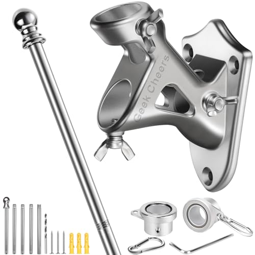 Geek Cheers Mât de drapeau en acier inoxydable robuste avec support de drapeau, 2 positions pour mât de drapeau de 2,5 cm, support mural pour drapeau de maison et break, antirouille argent avec foret
