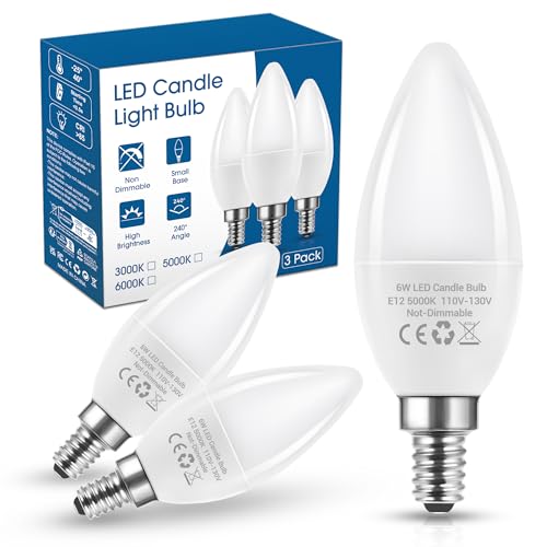 Flaspar E12 LED Candelabra Bulbs 60W Equivalent, 5000K Daylight White 600 Lumens, 6W Type B Light Bulb, B11 C37 Candle Light Bulbs Small Base for Chandelier Ceiling Fan, Non-Dimmable, 3-Pack