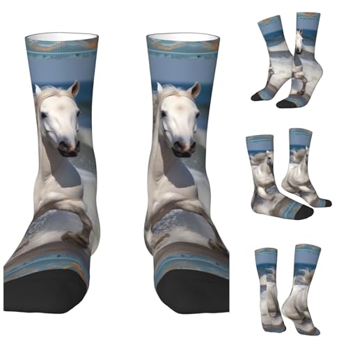LZQPOEAS White horse running on the sea Athletic Socks Unisex Cushioned Crew Socks Hiking Running Calf Sock Soft Above Ankle Sock