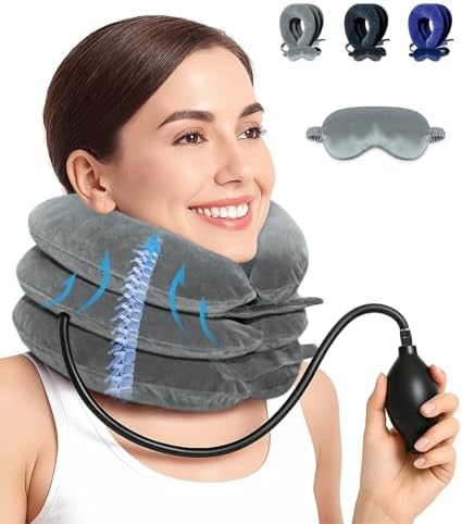 Neck Stretcher Cervical Traction Device - Neck Traction Device for Neck Pain Relief, Inflatable Neck Pillow with Eye Mask, Adjustable Neck Support for Home, Travel, Work & Relaxation(Grey)