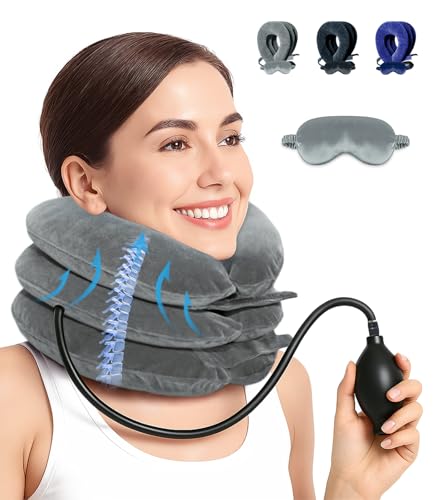 LuxoCare Neck Stretcher Adjustable – Neck Brace Pillow with Eye Mask, Cervical Neck Traction Device for Neck Pain Relief & Decompression, inflatable Neck Support for Home,Car, Travel & Office