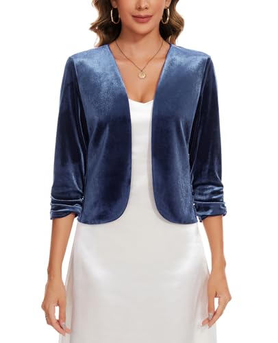 Image of MINTLIMIT Women's Velvet Open Front 3/4 Sleeve Front Lined Burgundy Blazer Cardigans Jackets Day to Night Coat for School Dances (Blue M)