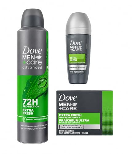Image of Dove Men+Care Extra Fresh Bundle Set – 250ml Anti-Perspirant Deodorant Spray + 50ml Roll On + 100g Body & Face Bar Soap