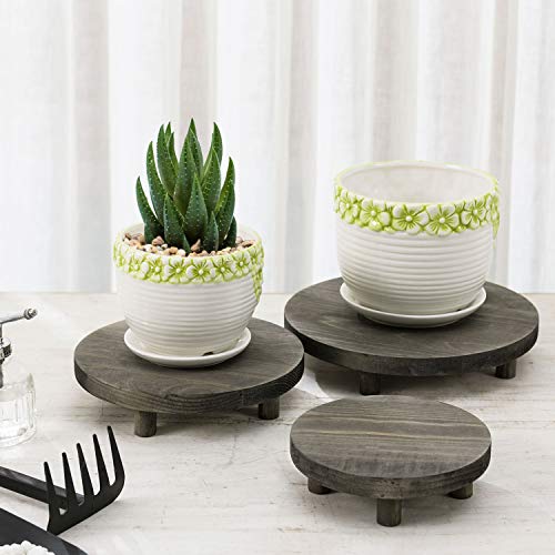 Mygift Round Plant Stand, Set Of 3 - Vintage Gray Solid Wood Garden Flower Pot Riser Display Stands, Mini Wooden Plant Holder Tabletop Stand For Potted Plants #TOP1