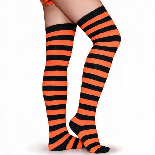 Raylarnia Women's Extra Long Opaque Striped Over Knee High Stockings Socks-Black/Orange Stripes