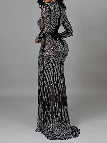 Uni Clau Women Sexy Hot Diamond Drilling Crew Neck Long Dress Mesh See Through Bodycon Long Sleeve Party Club Night Out Formal Maxi Dress Black S #TOP2