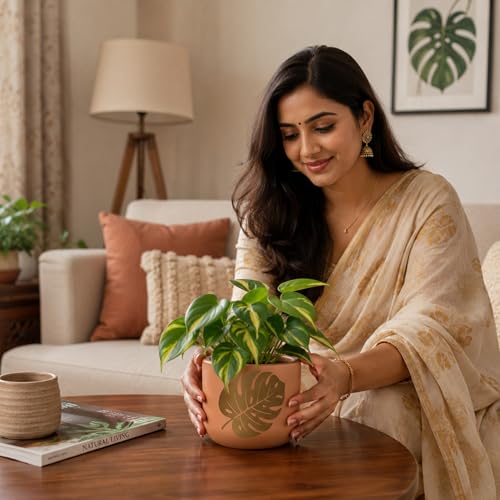 Image of Urban Plant Monstera Muse Handcrafted Terracotta Planter | Monstera Leaf Design | Indoor Clay Pot for Living Room | Artisan Decorative Flower Pot | Drainage Hole | 4.5 Inch