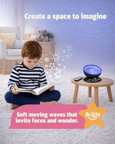Image of Bright Autism Calming Sensory Sea Lamp - Night Light Projector for Kids, 7 Light Modes, Color Changing Music Player, Nature Relaxation Sounds