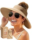FURTALK Sun Visor Hats for Women Wide Brim Straw Ponytail Summer Beach Hat UV UPF Packable Foldable Travel Khaki