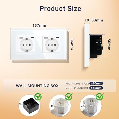 BSEED USB Steckdose Wei&szlig;, 2 Fach Schuko Steckdose mit USB Anschluss (Max. 2.1A) Typ C Port Unterputz, Glas Schutzkontakt, Wandsteckdose Ladeger&auml;t f&uuml;r Handys, Laptops etc (2 Pack)