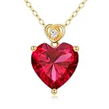 NFYBD 14k Gold Love Heart Red Ruby Birthstone Pendant Necklace for Women 3 Carat Heart-cut Created Gemstone Anniversary Birthday Mother's Day Necklaces for Her 16+1+1 inch-Jul