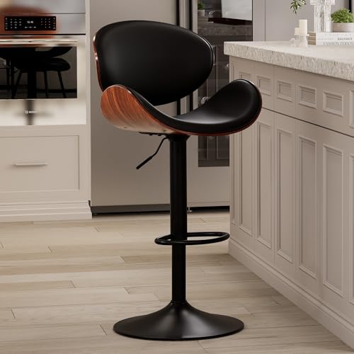 YOUTASTE Barhocker aus Gebogenem Holz 1er Set, 360°Drehbarer mit Rückenlehne und Fußstütze, PU-Leder, Barstuhl Tresenhocker Bistrohocker Küchenstühle, Moderner Barstuhl für bar, Küche, Schwarz