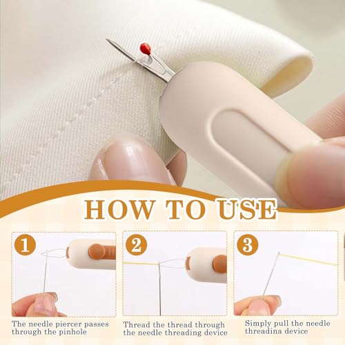 Image of TecoKart 2 in 1 Needle Threader Tool with Seam Ripper, Thread Inserter, Stitch Opener 3 in 1 Multifunction, Threading Device for Handcraft - Beige