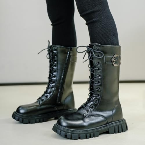 Toddler/Kids Girls Riding Boots Knee High Side Zipper Mid Calf Boots Dress Shoes with Lace Up3