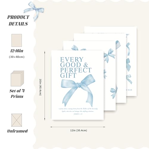 Image of LARTSFRO Coquette Blue Bow Wall Art Decor Posters, Baby Blue Bow Room Bedroom Bathroom Dorm Wall Art Decor Aesthetic for College Teen Girls Gifts, Inspirational Bible Verses Bow Wall Decor, 12x16 Inch Set of 4 Pcs Bow Pictures (UNFRAMED)