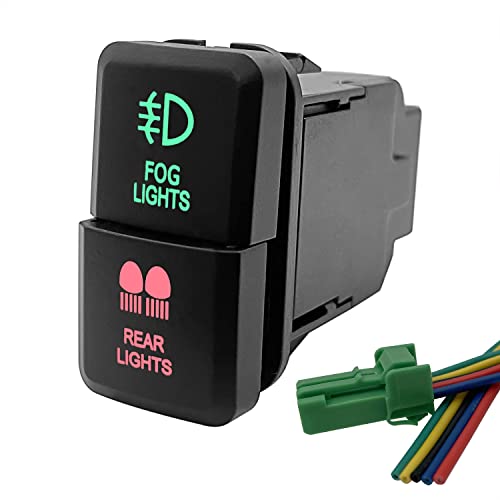 Image of Dual Push Button Switch Fog Lights & Rear Lights Icon Red & Green Led Backlit On-Off Push Switch for Toyota Landcruiser Tacoma Hilux FJ Cruiser 3Amp /12V (1.54'' X 0.83'')