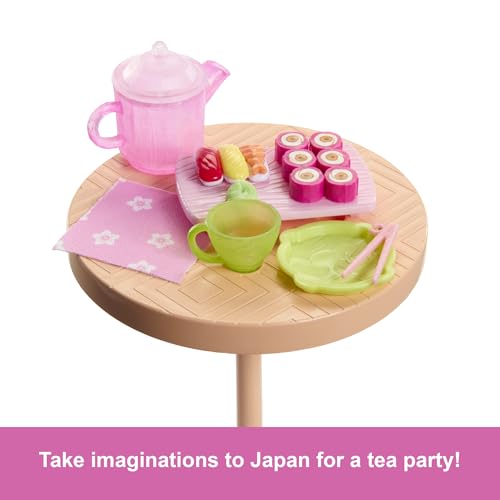 Image of Barbie Pink Passport Japan Cafe Playset with Fashion Doll in Dress & Shoes, Furniture & Accessories, Including Tea Set & Sushi