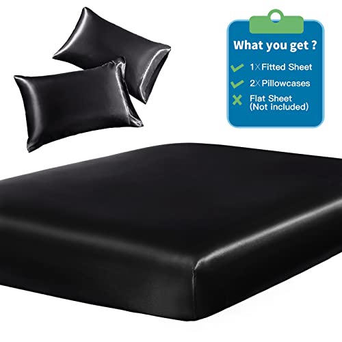 Image of SiinvdaBZX 3-Piece Set Satin King Fitted Sheet & 2 Pillowcase, Black Silky Soft Fitted Bottom Sheet, Wrinkle Free, Fade Resistant, Deep Pocket Bed Sheet (Deep Up to 15 inch)