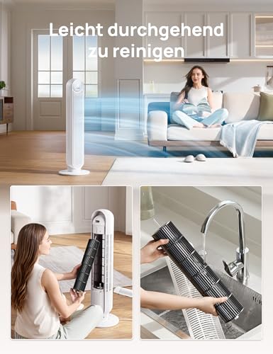Dreo 20dB Leiser Turmventilator, 10 m Wurfweite 4 Geschwindigstufen 4 Modi 8 Std. Timer 90° oszillierende Ventilator mit Kühlung Fernbedienung für Schlafzimmer, Nomad One, Weiß