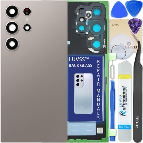 LUVSS Vitre Arrière pour Samsung Galaxy S24 Ultra SM-S928B/DS Gris Coque Cache Batterie avec Lentille de Caméra, Adhésifs, Kit Outils, Guide De Réparation