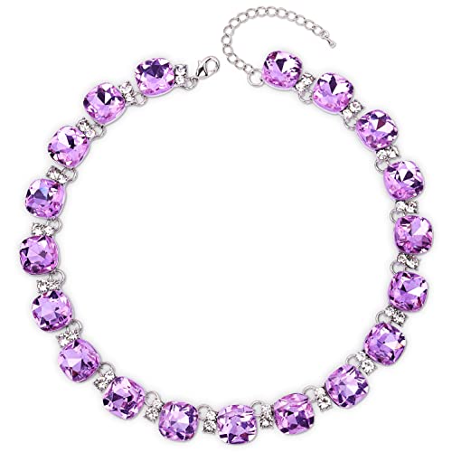 Xilazab Bib Statement Necklace, Purple Clear Choker Necklace Silver Finish Violet Crystal Necklace Multi Square Glass Crystal Collar Choker Necklace Luxury Jewelry,Jewelry Gifts For Women #TOP6