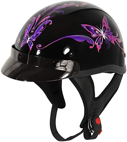 Outlaw Helmets T70 Glossy Black Purple Butterfly Motorcycle Half Helmet for Men & Women with Sun Visor DOT Approved - Adult Unisex Skull Cap for Bike Scooter ATV UTV Chopper Skateboard (XX-Large)