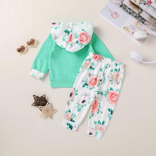 HAPPYMA 2pcs Infant Toddler Baby Girl Long Sleeve Sweatshirt Kangaroo Pocket Floral Hoodie Tops Pants Fall Winter Clothes Set3
