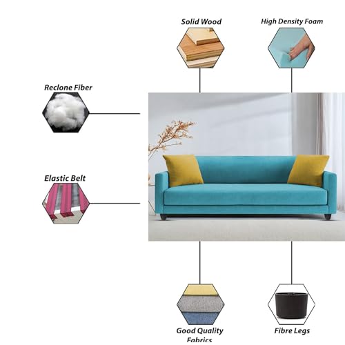 Image of Casaliving Dominic 3 Seater Sofa Set for Living Room (Turquise Fabric) Premium Fabric Sofa