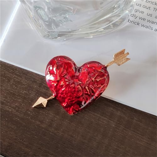 Image of Heart-Shaped Valentine's Day Brooch Pin - Retro Oil-Dripped Flower Design With Red Cupid's Arrow - Exquisite Collar Pin Love-Themed Badge Gift for Ladies and Girls