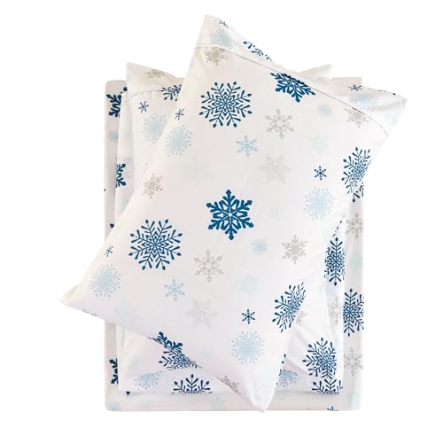 Image of Mooreeke Christmas Holiday Full Sheets, Snowflake Printed Full Bed Sheet Set with Deep Pocket Non-Slip Fitted Winter Sheet