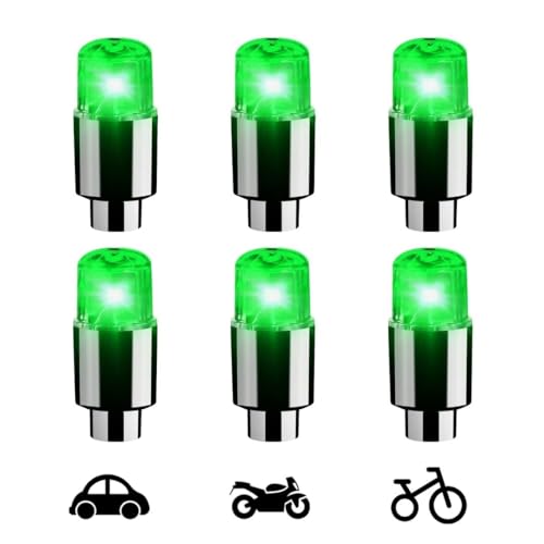 6 Pack 2025 New Green LED Wheel Lights Bike Tire Valve Stem Neon Light Bulb Car Valve LED Car Bike Wheel Tire Tyre Valve Dust Cap Spoke Flash Lights Stems & Caps Neon Lights Color Cap Light