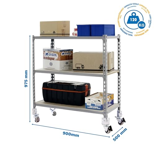 Simon Rack Schwerlastregal mit Rollen, 975x900x500 mm, Bis 75 kg Belastbar, 3 Verstellbare Ablagen, MDF-Platten, Kellerregal, Lagerregal, Grau/Holz - Maderclick