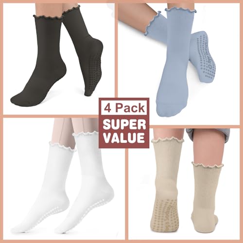 Image of Pilates Socks for Women, Non Slip Grip Socks for Yoga, Barre, Hospital, Grippy Socks Womens Gifts, 4 Pairs