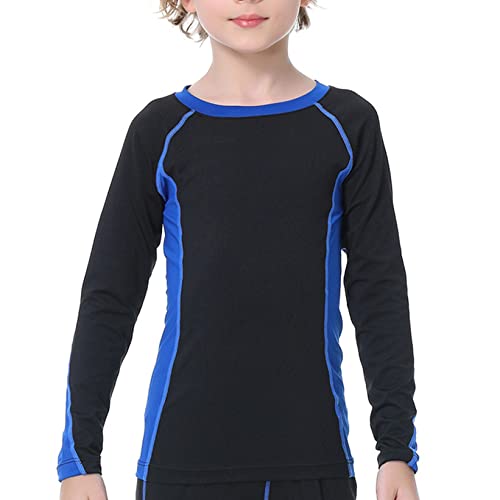 Mufeng Kids Boys Color Block Compression Thermal Shirt Long Sleeve Crew Neck Base Layer Undershirt Underwear Black&Royal Blue 5-6 Years