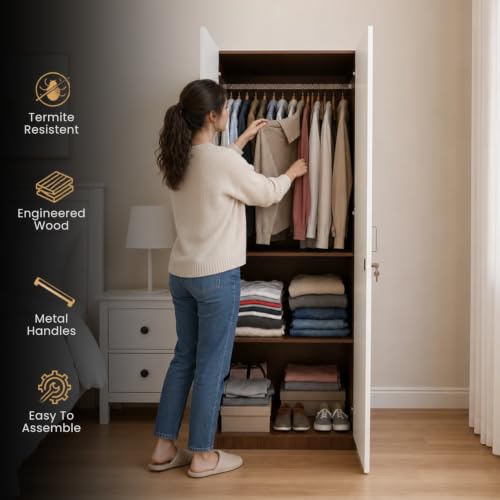 Image of GRATUS 2 Door Wardrobe - Compact Engineered Wood Cupboard Without Drawer for Clothes Storage, Small Bedroom Organizer - 180 x 70 x 45 cm Classic White