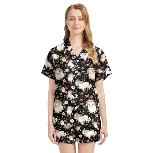Image of Silk Satin Pajama Set for Women Summer Lounge Pjs Sets 2 Piece Suit Ladies Button Down Tops And Shorts Sleepwear