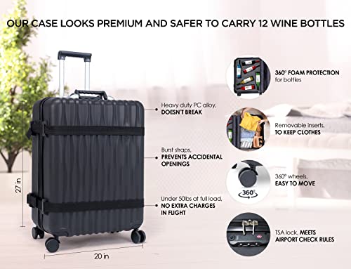 Wine Suitcase For Airplanes 12 Bottle Wine Travel Bag Airplane Wine Luggage With Foam Inserts TSA Lock For Air Port Check In To Carry Wine Liquor Belongings In Plane Carrier Transporter Black Color - Thumbnail 2