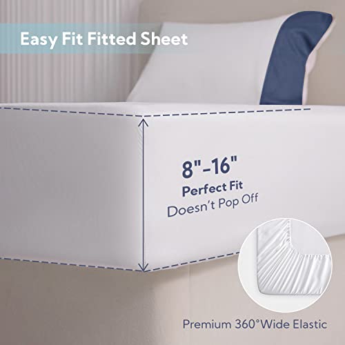 Mildly Cooling Sheets Set - 100% Pure Rayon Made From Bamboo, Up To 16" Deep Pockets Bed Sheets, 4 Piece Breathable Luxury Silky Soft Hotel Bedding Sheet & Pillowcase Sets (King, White & Navy Blue) #TOP4