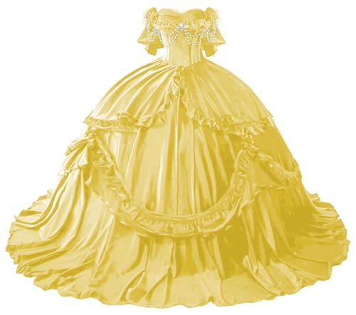 Mouccy Satin Beaded Yellow Victorian Dress for Women 1980s Short Sleeve