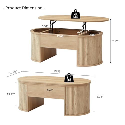 Image of QHITTY Fluted Coffee Table with Lifting Top, Oval Wood Lift Top Coffee Table with Hidden Compartment, Mid Century Pull up Center Tables for Living Room, Office - Natural