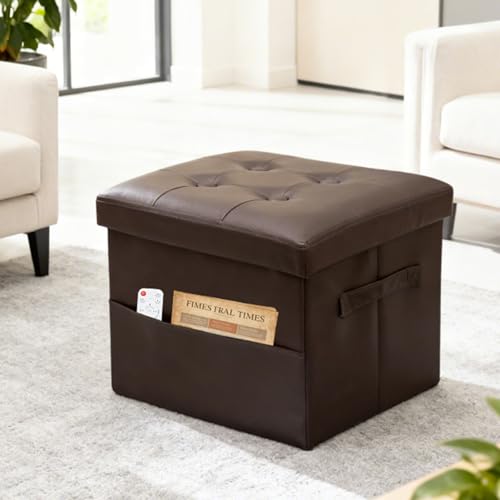 Image of ALASDO Storage Ottoman Footrest Stool Small Ottoman with Storage Foldable Ottomans Foot Rest Footstool Bench for Living Room 17x13x13inches Brown