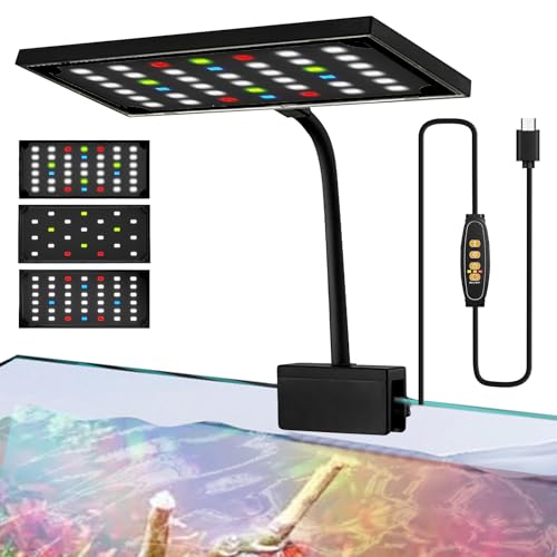 PORFOYO Clip On Iluminación LED para acuario, 14 W, luz LED para acuario, espectro completo, temporizador ajustable, para piscinas de peces