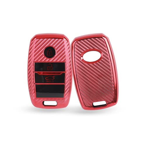 Image of JVCV Soft TPU Carbon Fiber Style Car Key Cover Compatible with Kia Seltos Sonet Carens 3 Button Push Start Car Key (Red)