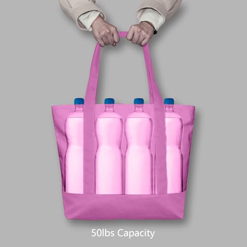 Image of TOPDesign 6-Pack Canvas Tote Bags with an External Pocket, Reusable Grocery Shopping Bags, Top Zipper Closure, Daily Essentials (Light Purple)
