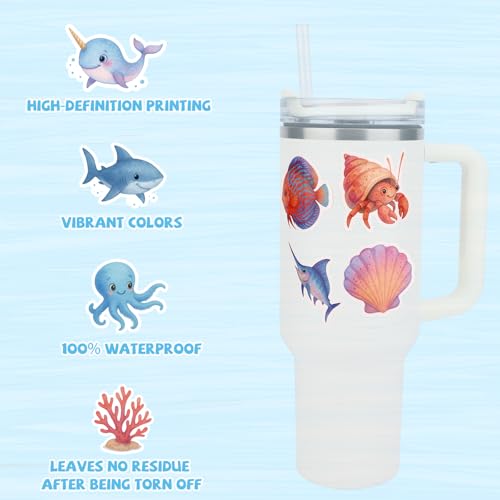 60 Stück Unterwasser-Tier Sticker, Wasserdichte Meeresleben Aufkleber Niedliche Ozean Partygeschenke & Deko für Wasserflaschen & Laptops