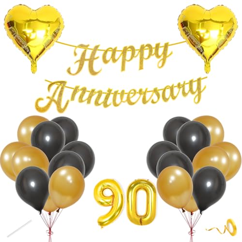Image of Flyloons 90th Happy Anniversary Decoration Items Gold Black for Men Women Husband Wife Mom Dad Couple Home Bedroom Car With 20 Pcs Metallic Balloons Anniversary Banner 2 Pcs Heart Set Kit Golden