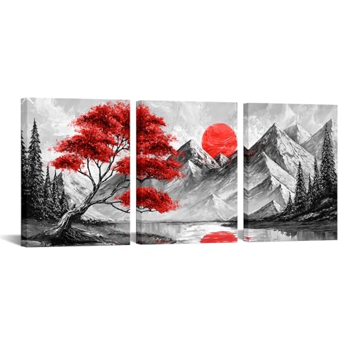 sechars Black and White Landscape Wall Art Mountain with Red