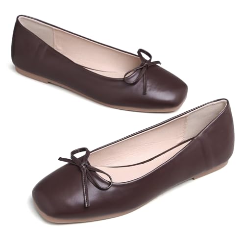 Hee grand Women's Ballet Flats Bowknot Square Toe Dressy Flat Shoes for Casual Work Comfort Slip On Flats